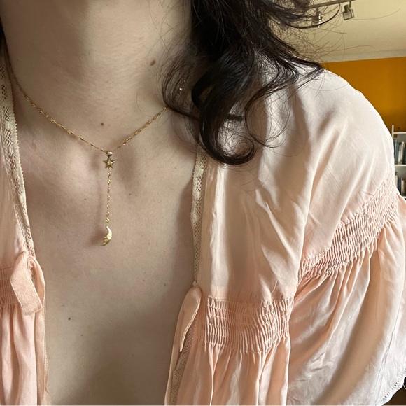 14k GOLD Lariat Necklace Moon Star cottage core fairy  layering Italy - Picture 2 of 4